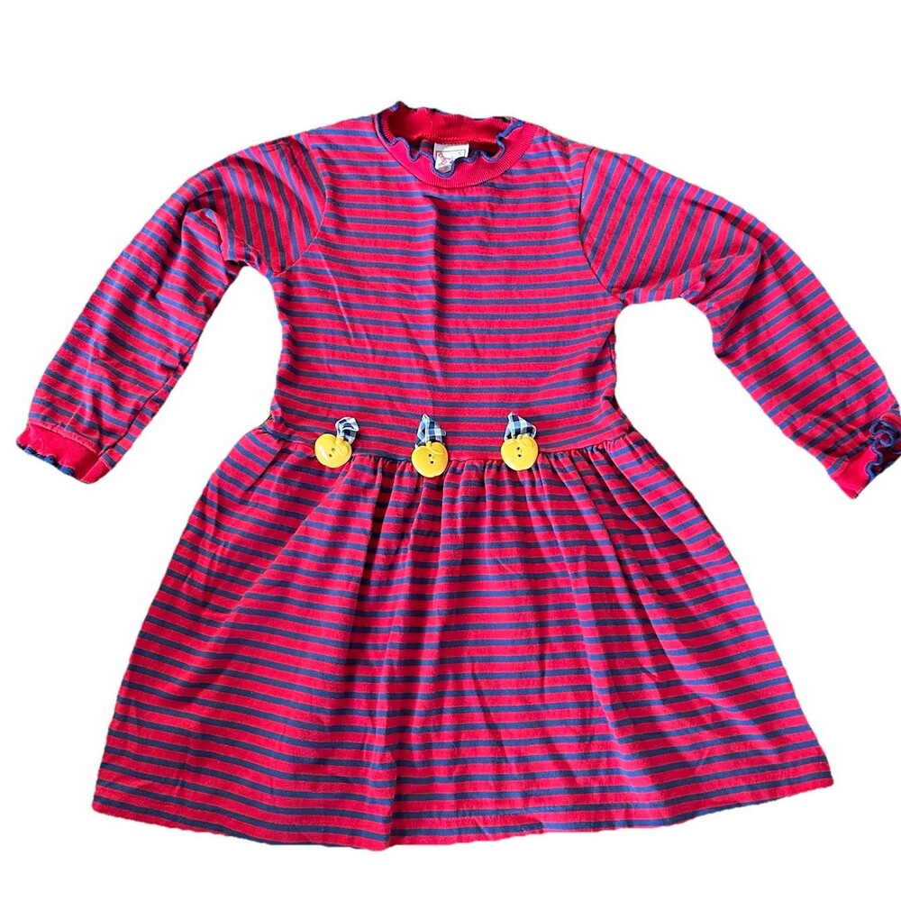 Vintage Buster Brown Size 5 Dress Red Navy Blue Striped Yellow Apple Buttons